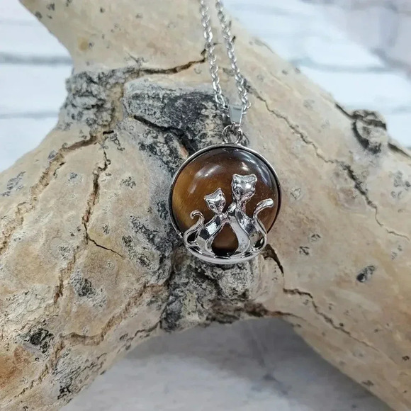 Cats Eye Mother and Baby Cat Necklace with Natural Stone Center Stainless Steel - Picture 6 of 9